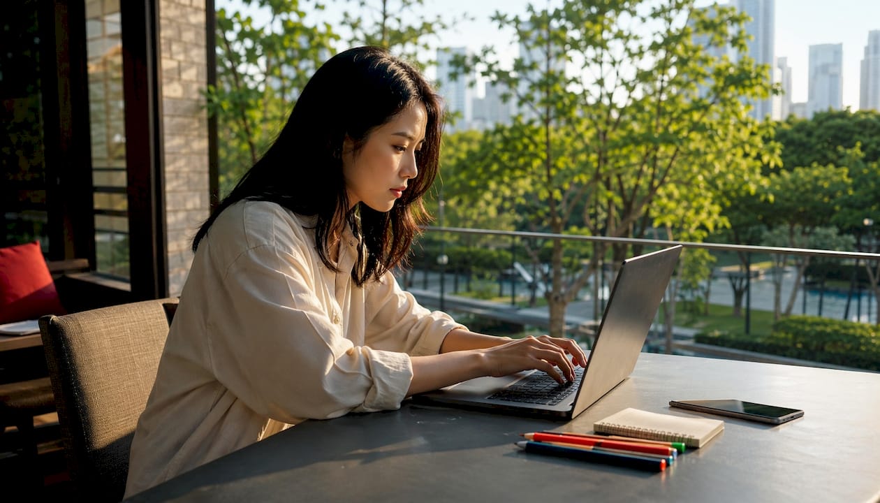 Hands typing on laptop for AI content creation