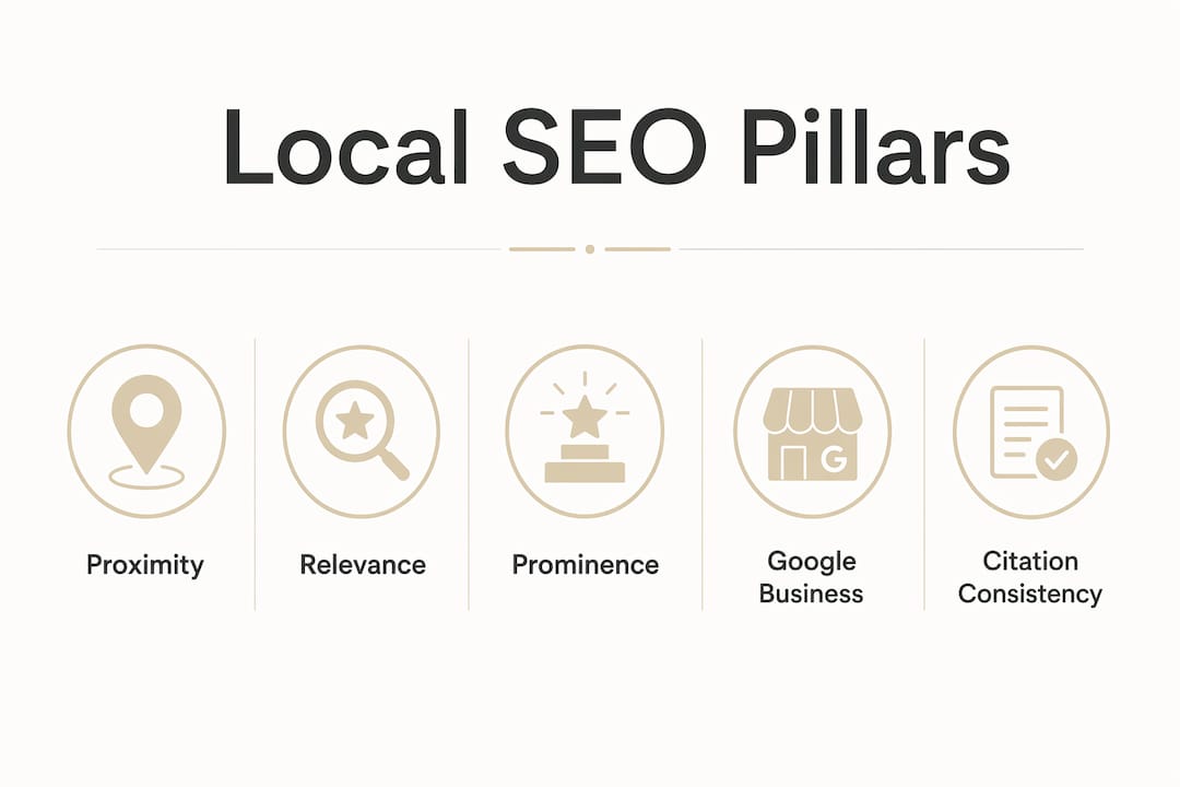 Infographic illustrating three pillars of local SEO success