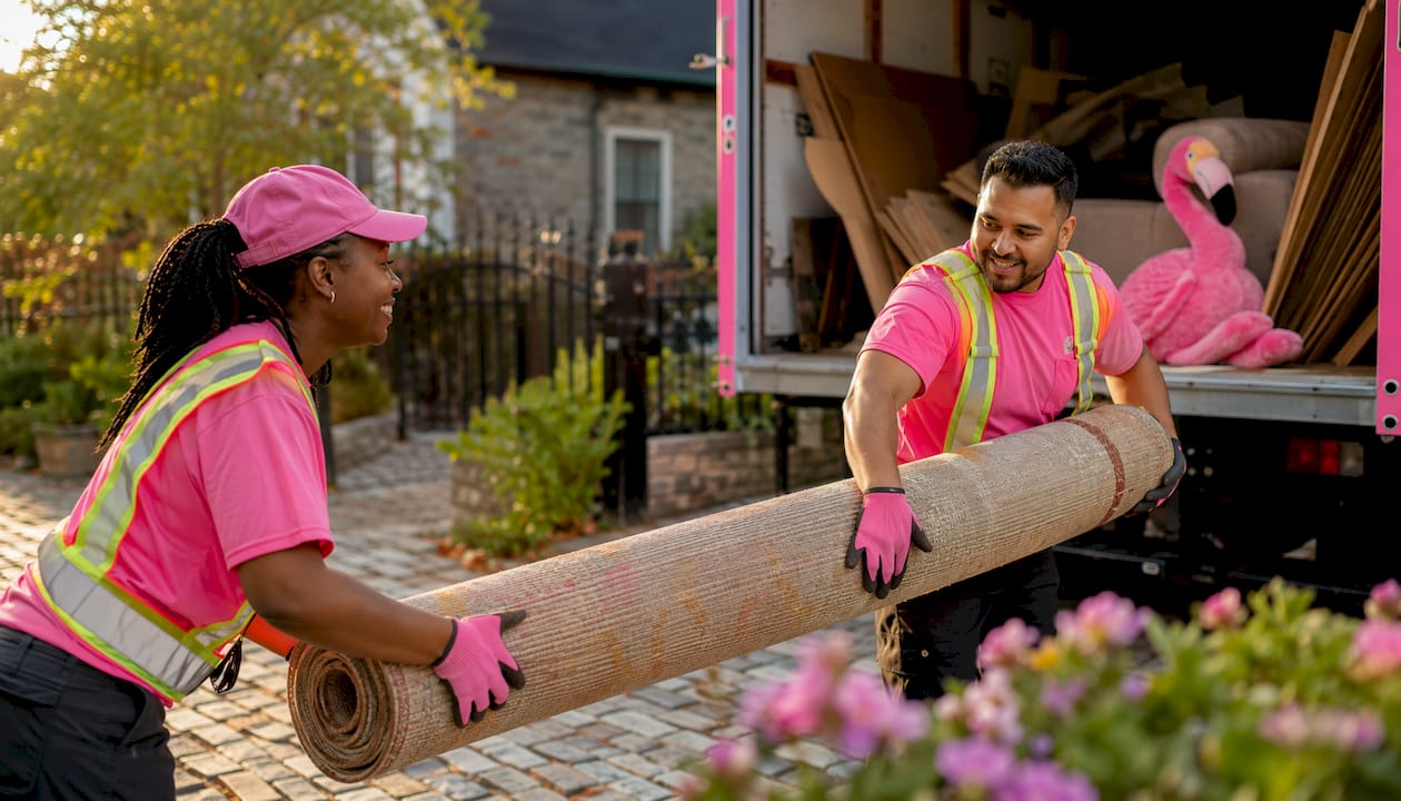Junk removal workers loading carpet into truck