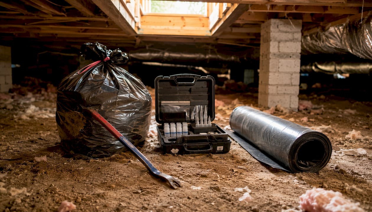 Cleanout tools arranged on crawl space floor