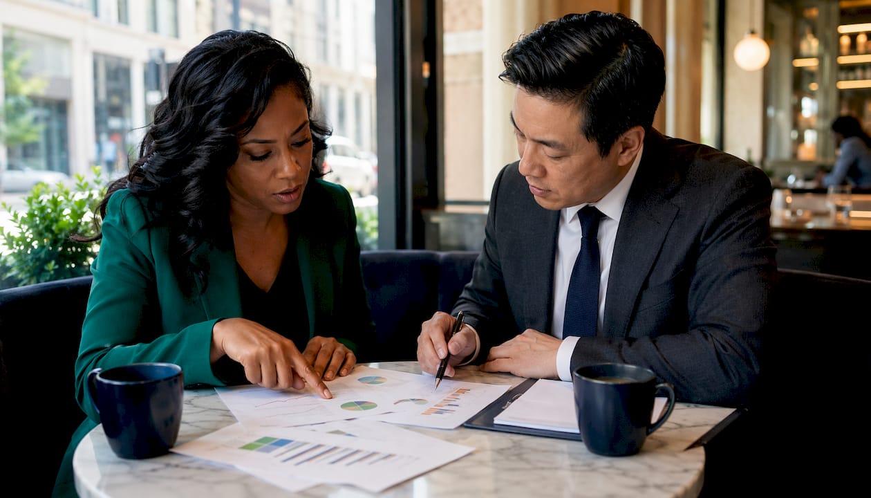 Financial advisors discussing portfolio allocations