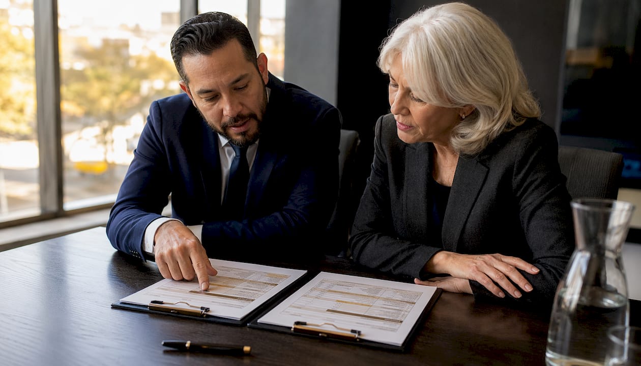 Hands pointing at retirement product comparison documents