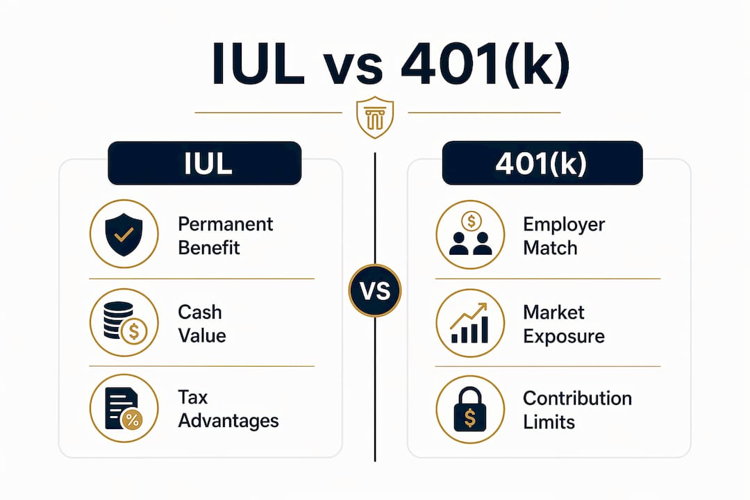 Infographic comparing IUL and 401(k) features