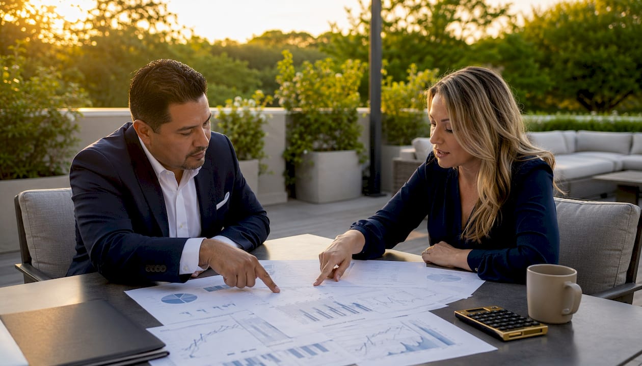 Colleagues discussing IUL market scenarios over documents