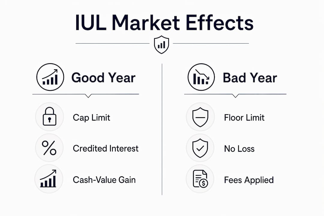 Infographic comparing good vs. bad year IUL market effects