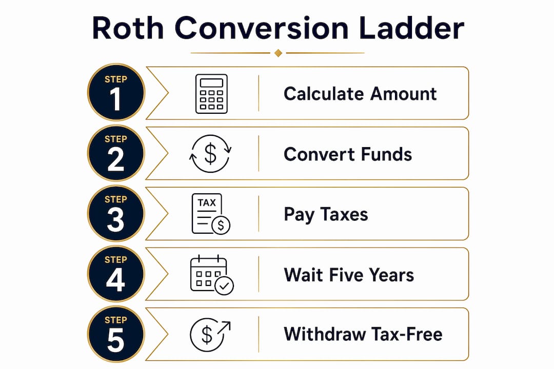 Infographic depicting Roth conversion ladder five-step process