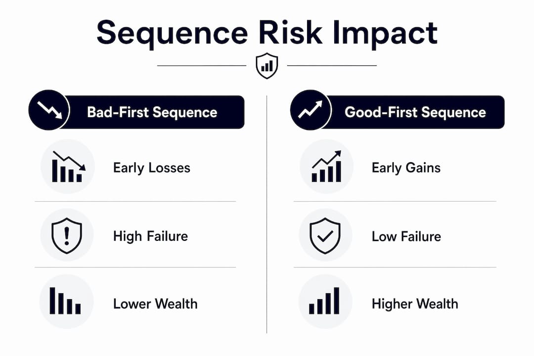 Infographic comparing sequence risk outcomes in retirement portfolios