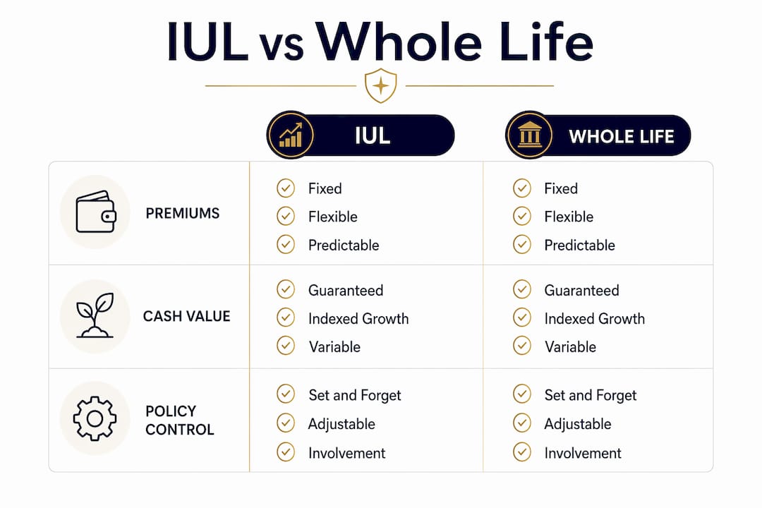 Infographic comparing Indexed Universal Life and Whole Life insurance