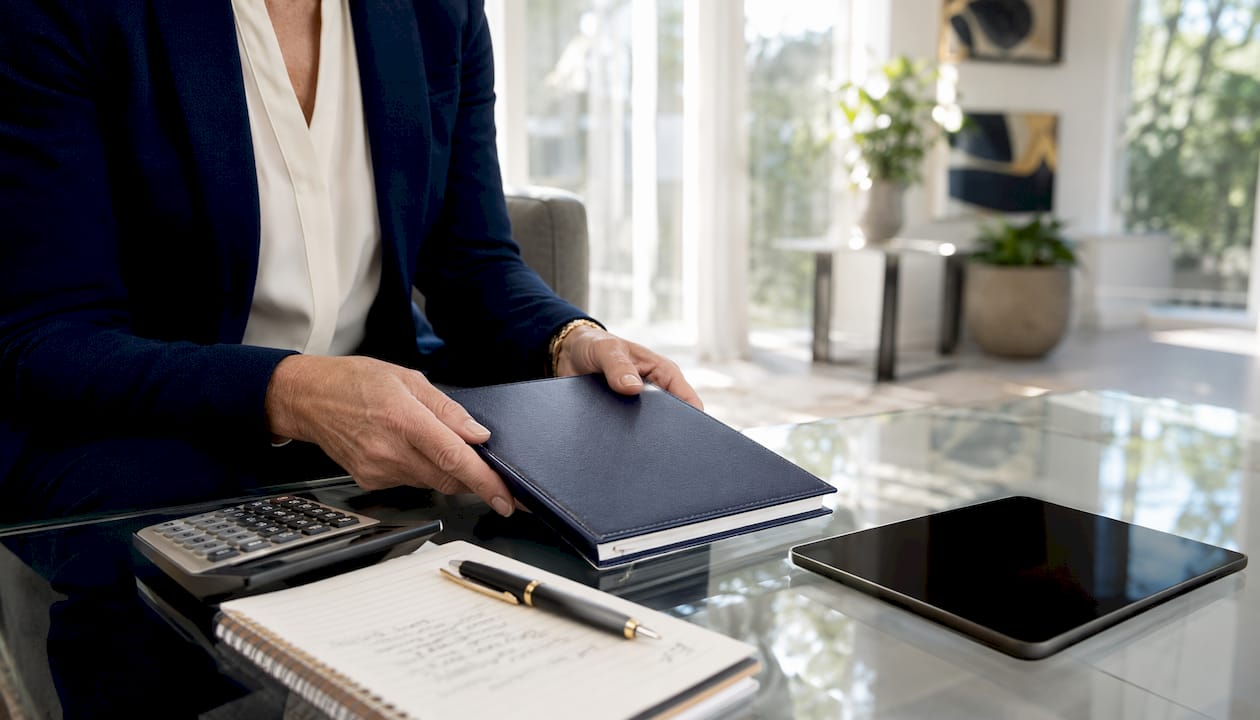 Hands holding life insurance policy folder near calculator