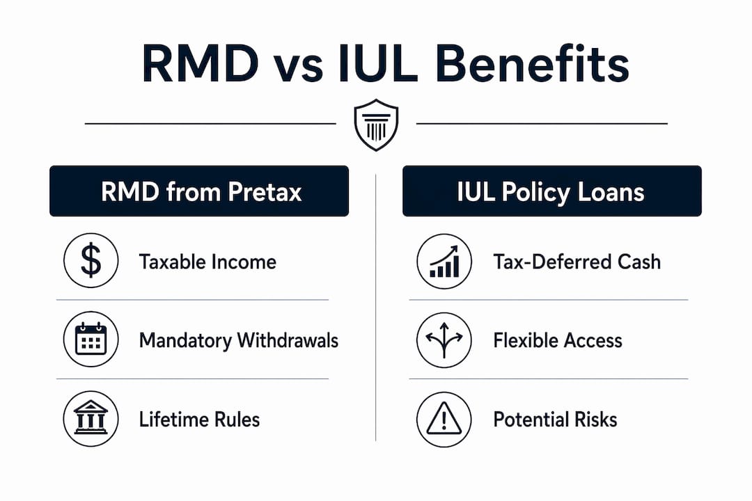Infographic comparing RMD and IUL policy loan features