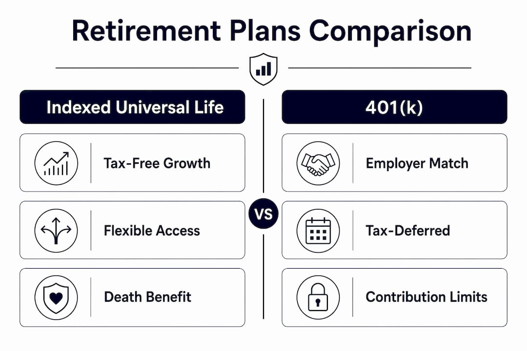 Infographic comparing Indexed Universal Life and 401(k) retirement plans