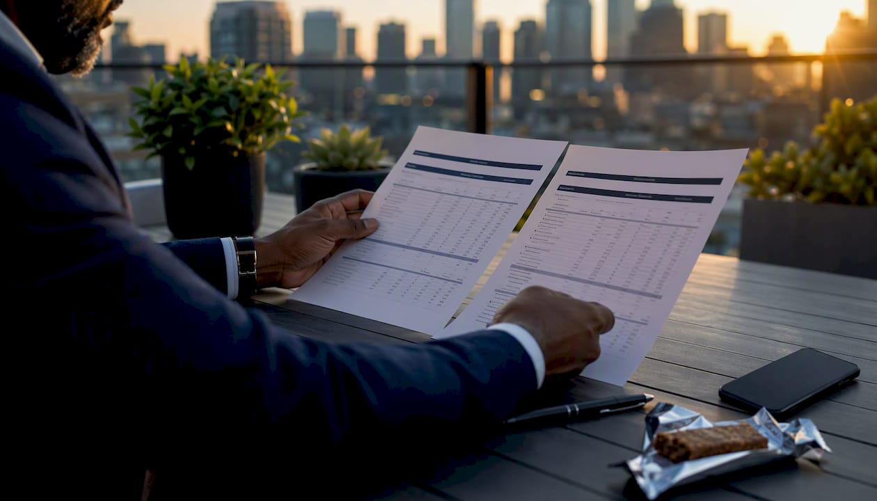 Hands comparing life insurance policies overhead