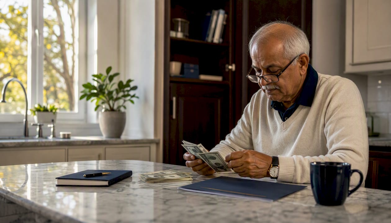 Hands counting cash beside life insurance documents