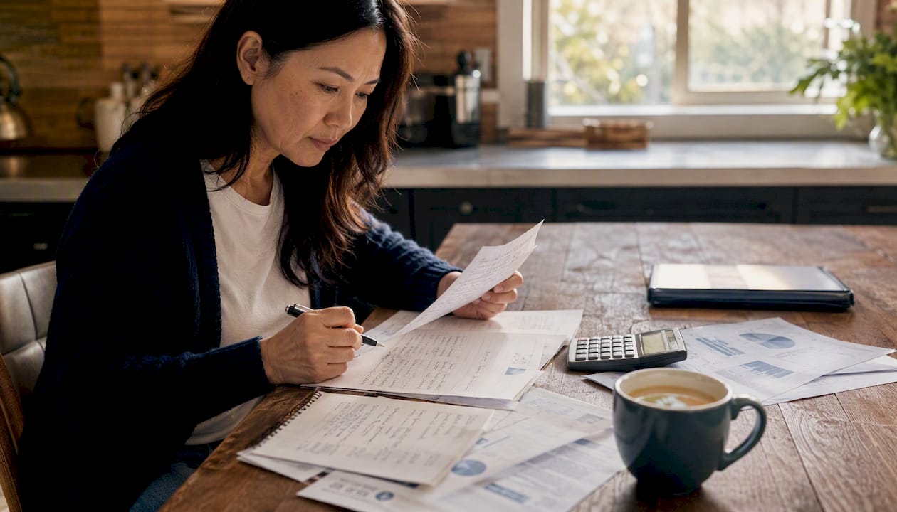 Overhead view of self-employed retirement planning workspace