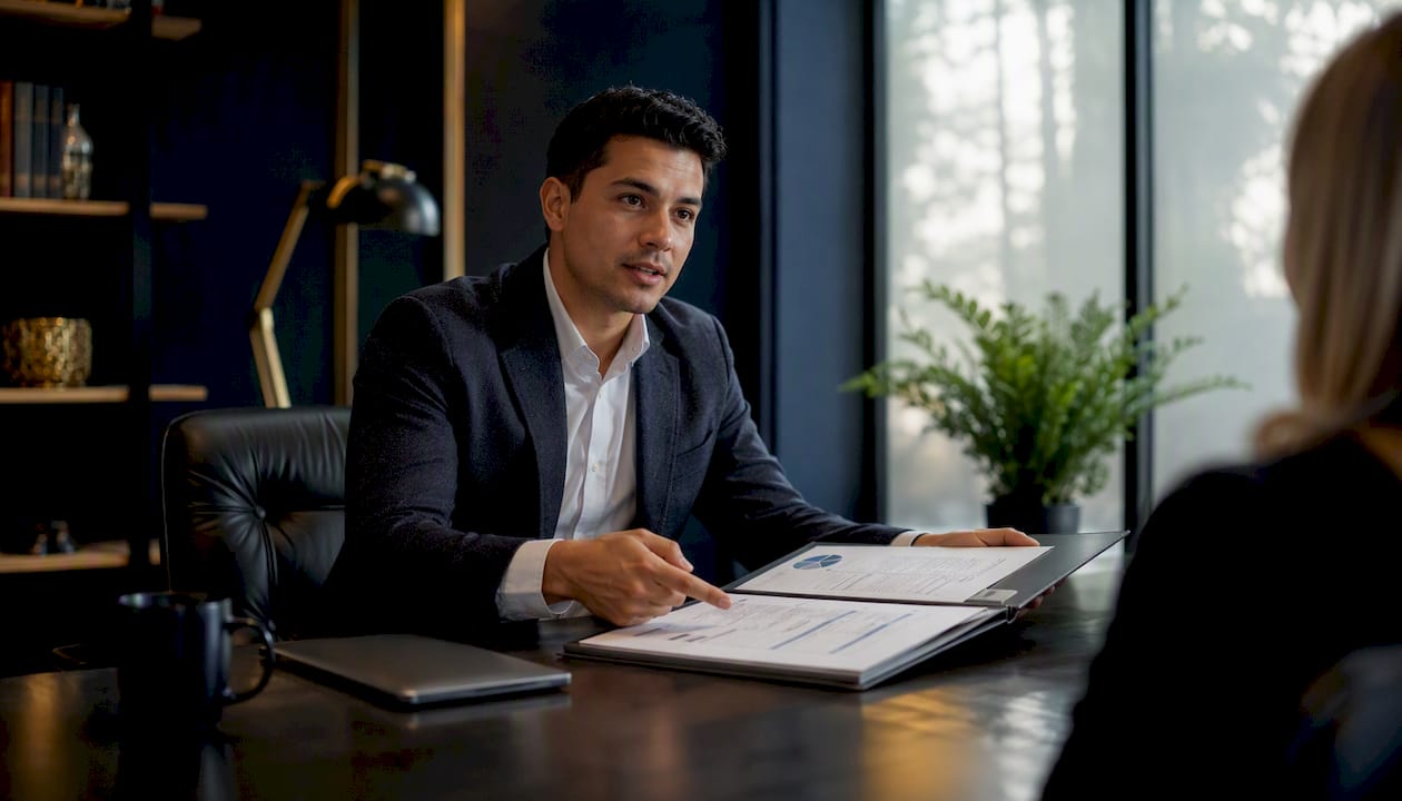 Financial advisor explaining IRA options in office