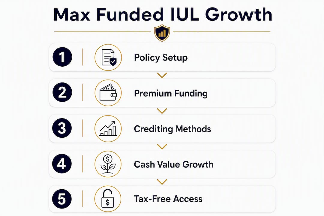 Infographic outlining max funded IUL growth steps