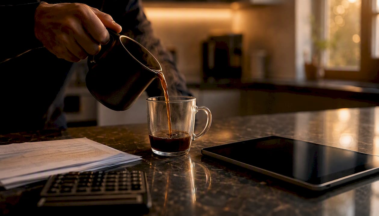 Hand holding coffee near calculator and documents
