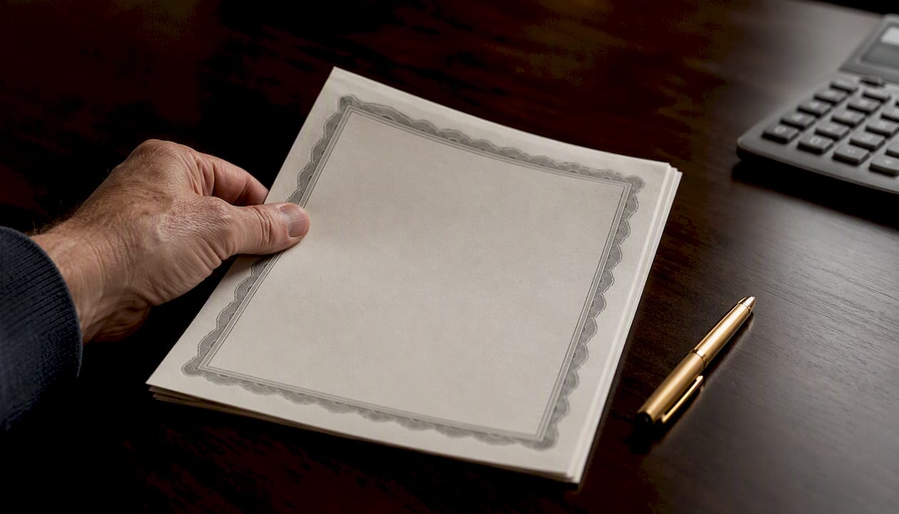 Hands handling bond certificate near calculator