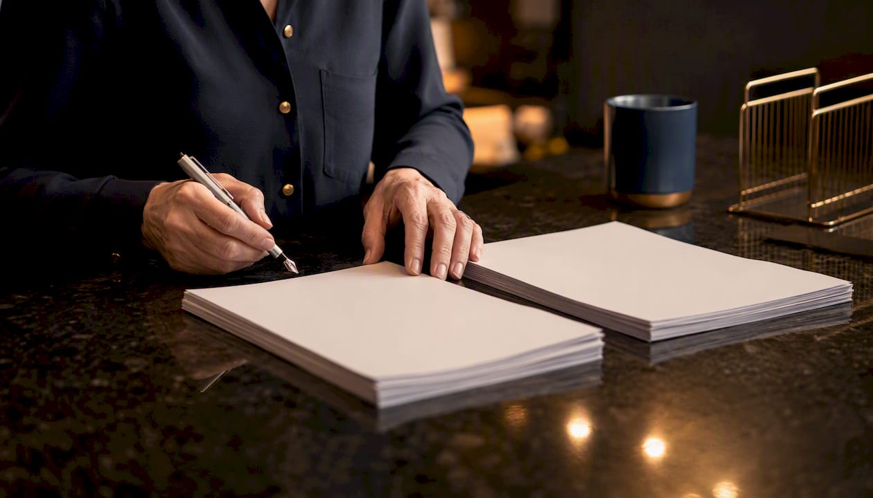 Hands sorting budget ledgers for expenses