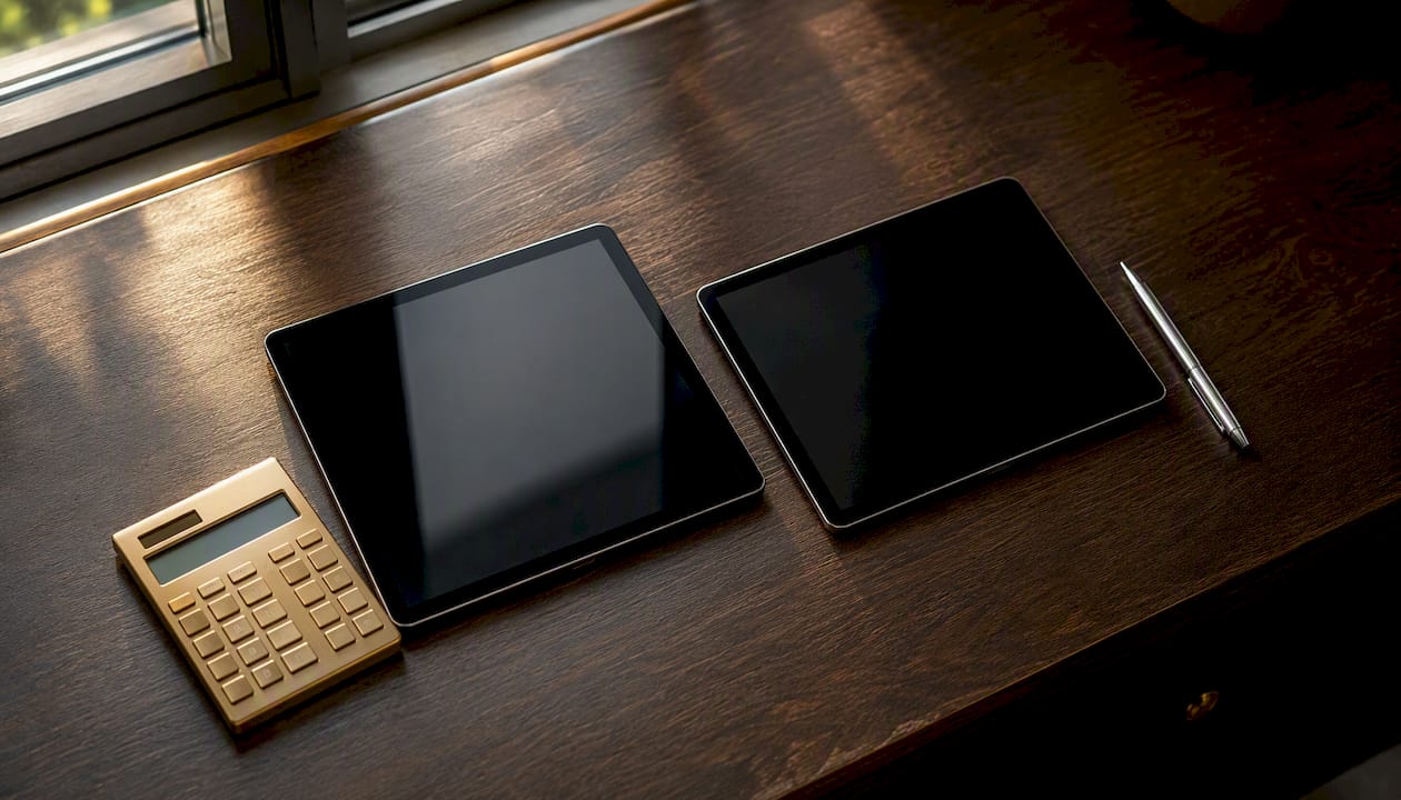 Financial comparison setup with tablets and coins