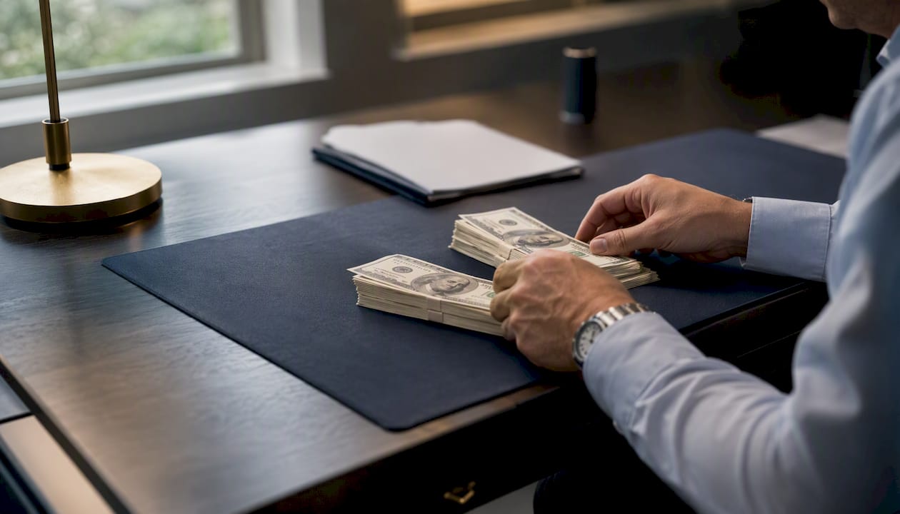 Hands exchanging cash in office