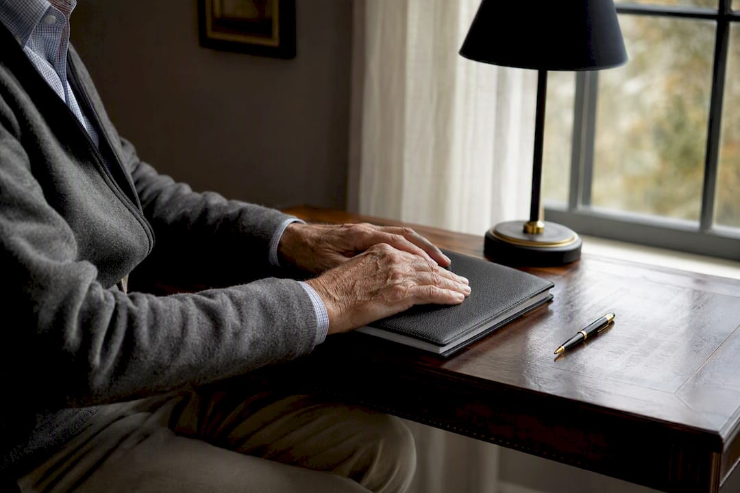 Older person hands on financial journal near window