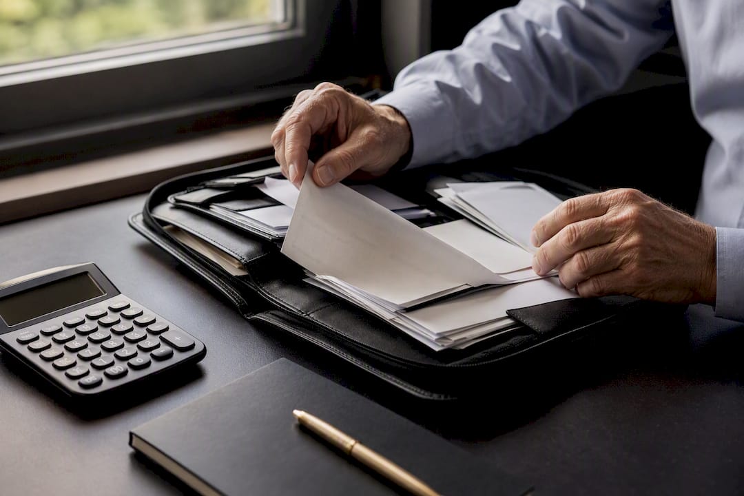 Hands organizing financial documents and calculator