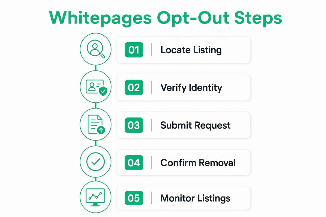 Infographic illustrating Whitepages opt-out process steps