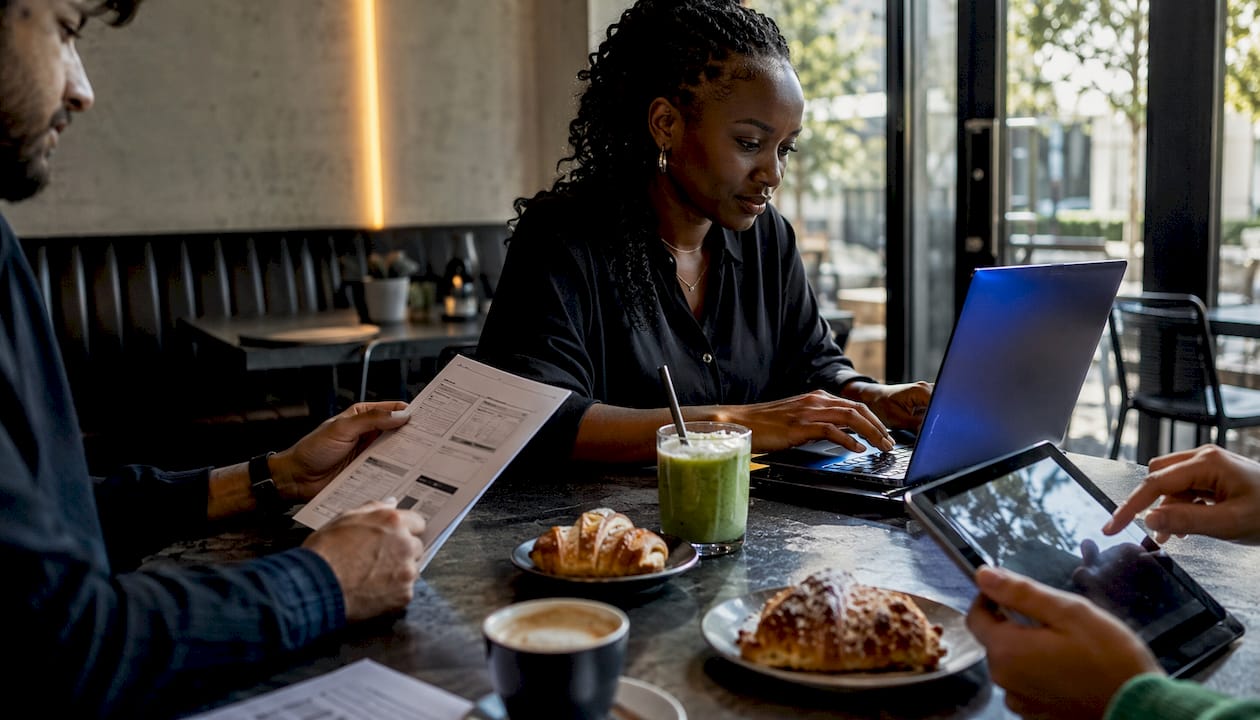 Hands troubleshooting Whitepages removal issues at café table