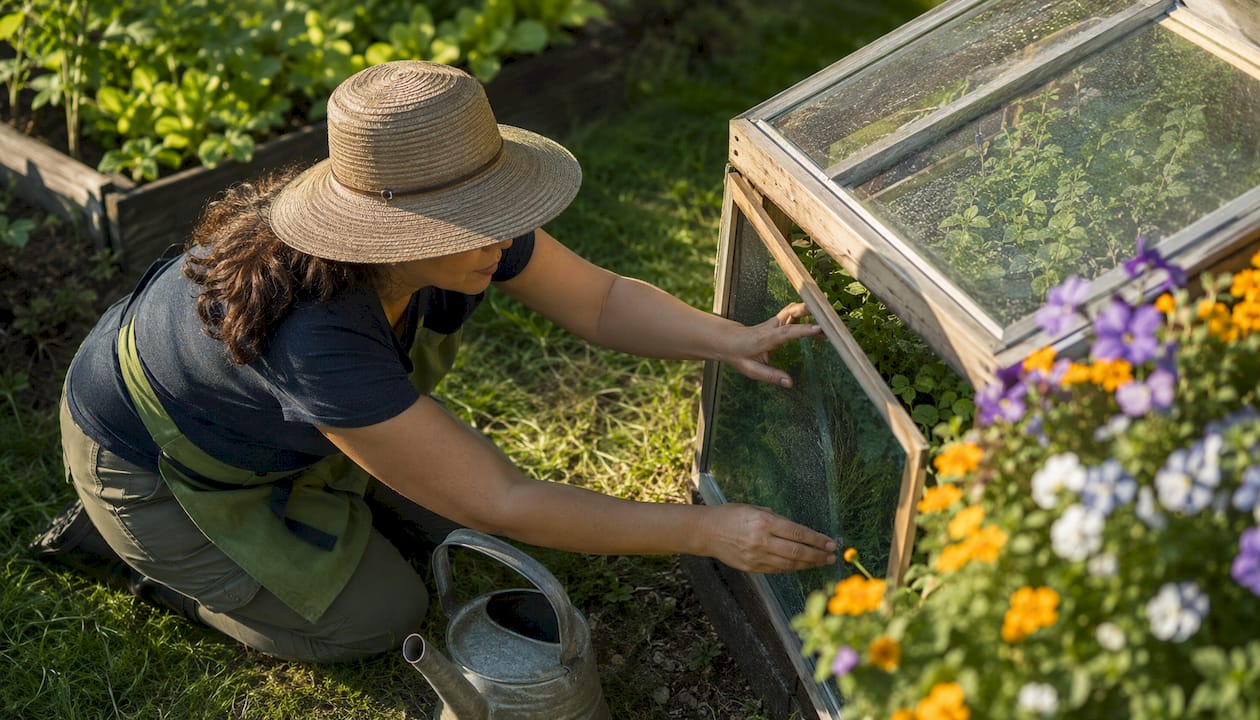 Woman examining greenhouse glazing outdoors