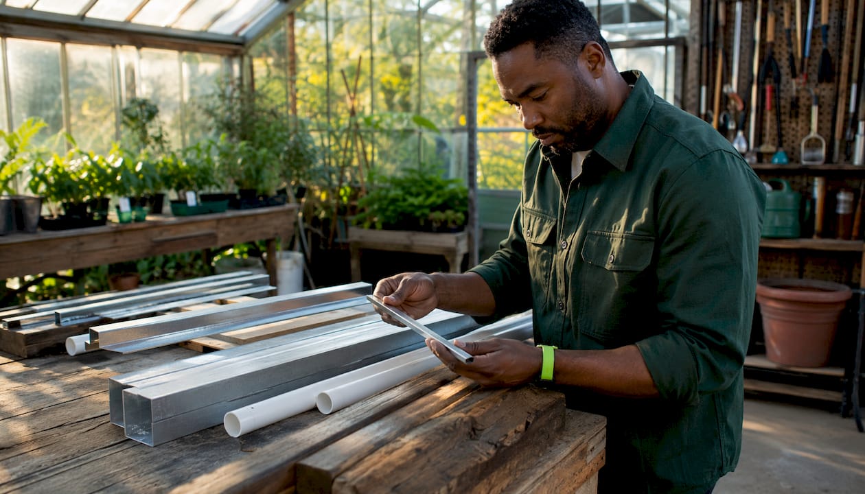 Hands comparing greenhouse frame materials