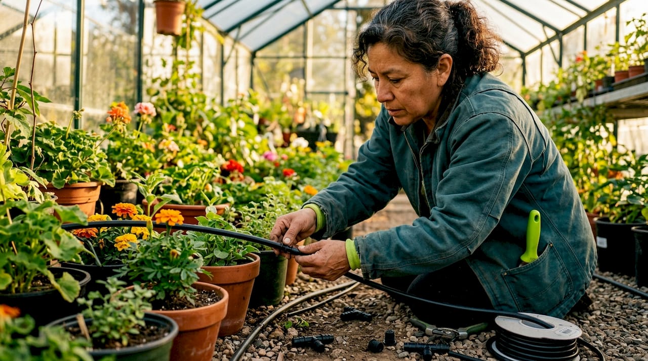 Woman installing drip irrigation tubing in greenhouse