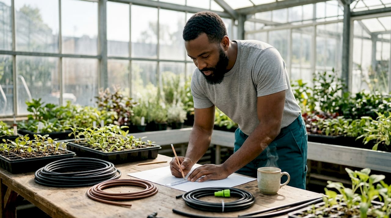 Man designing greenhouse drip system layout
