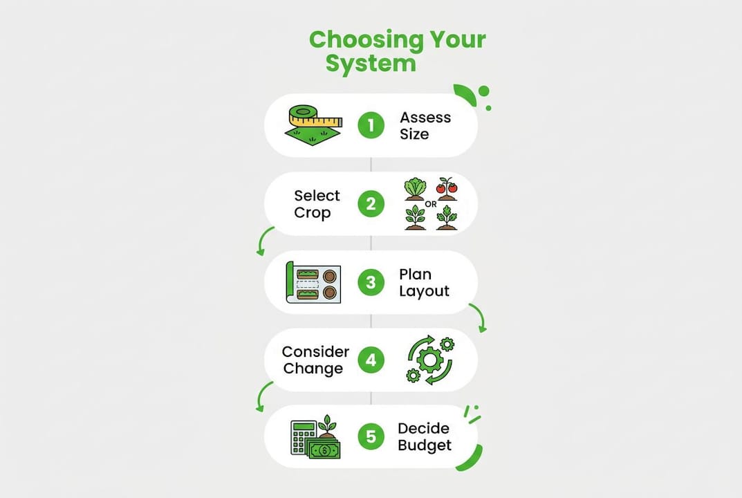 Infographic outlining steps to choose drip irrigation system