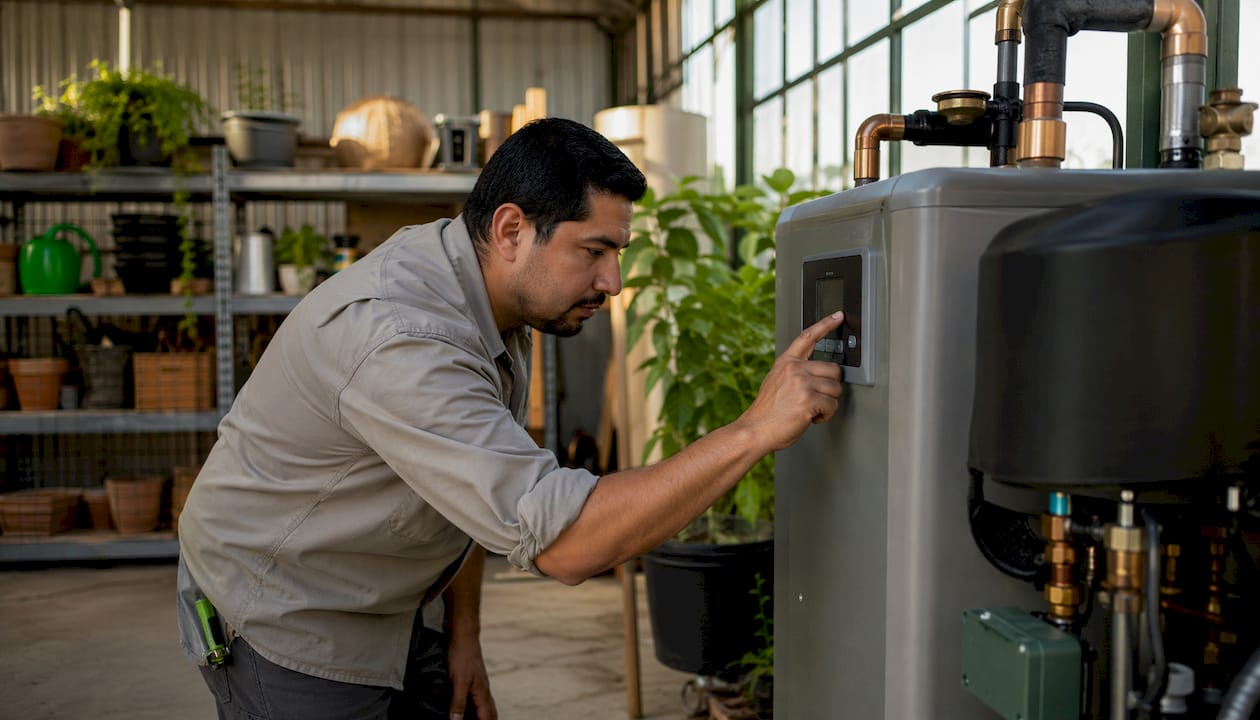 Hands adjusting geothermal heat pump controls