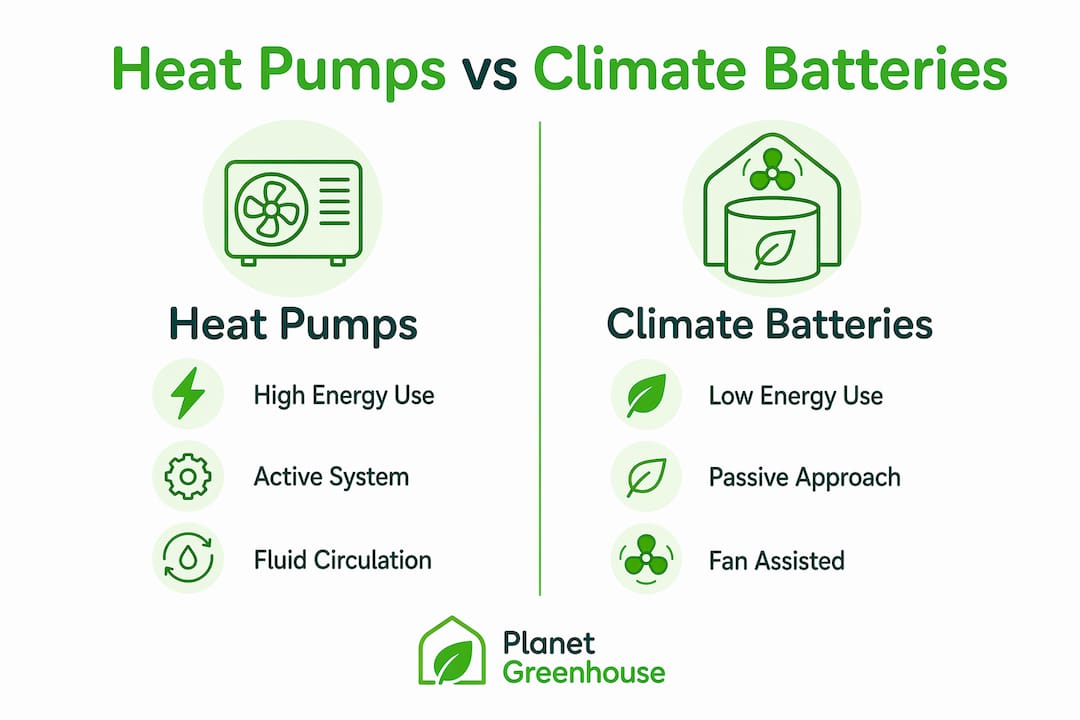 Infographic comparing heat pumps and climate batteries