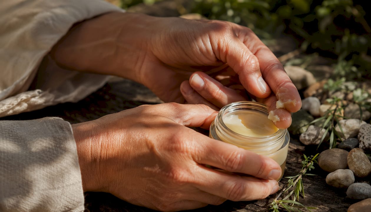 Close-up of hands melting tallow balm