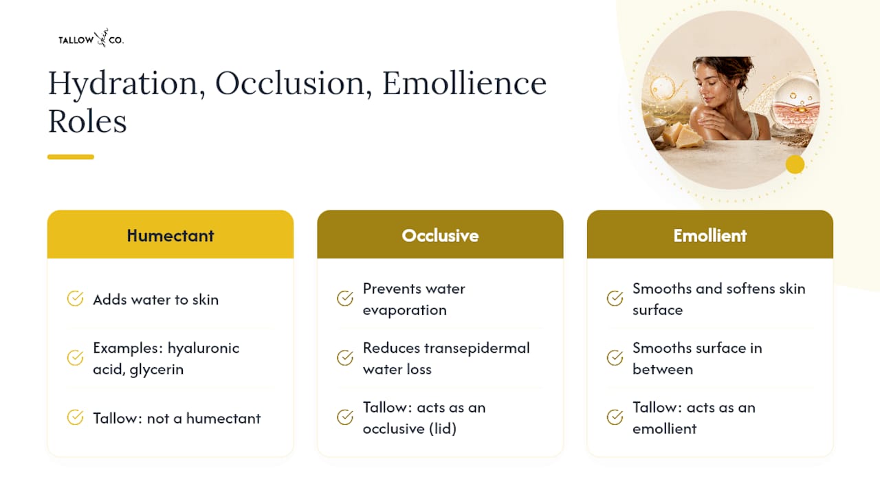 Diagram comparing hydration, occlusion, and emollience roles
