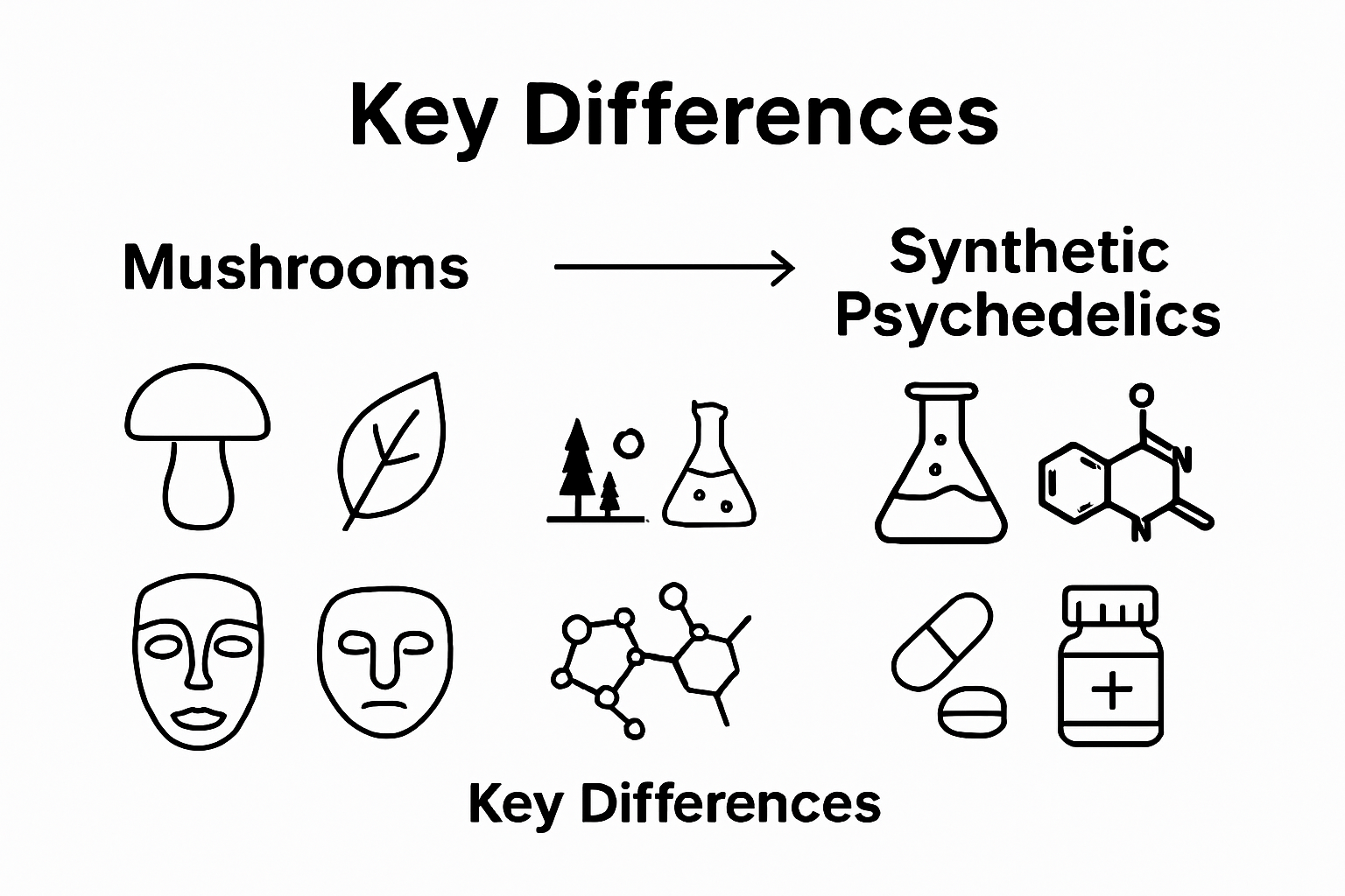 Infographic comparing mushrooms and synthetic psychedelics by origin and key differences