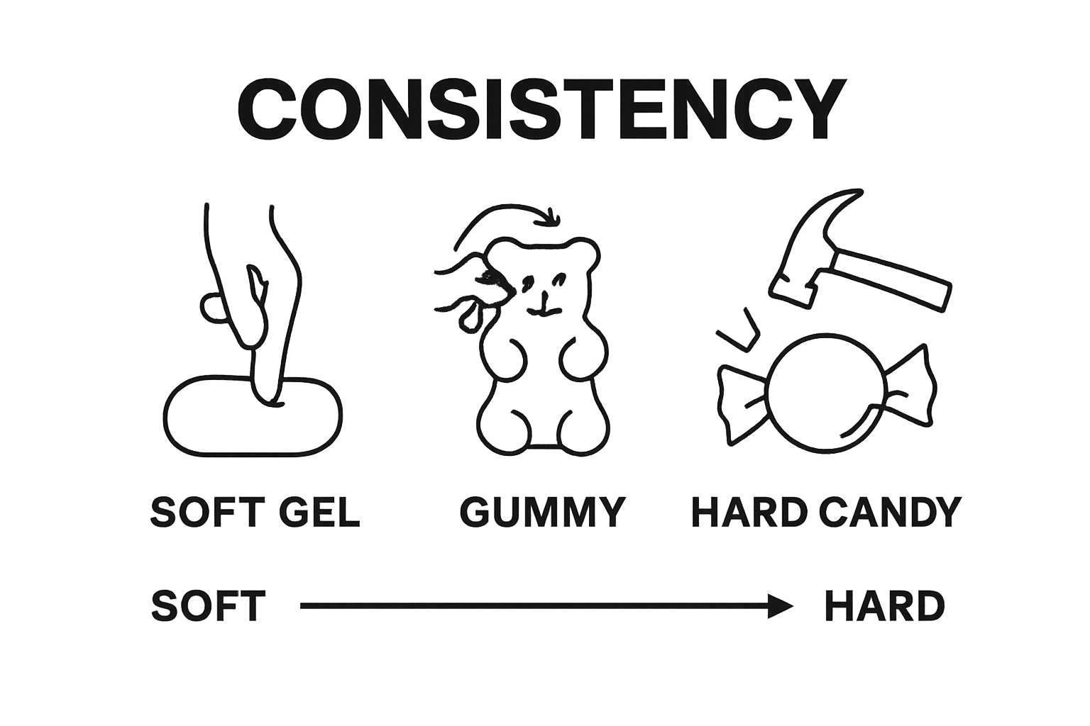 Infographic comparing edible consistencies: soft gel, gummy, hard candy