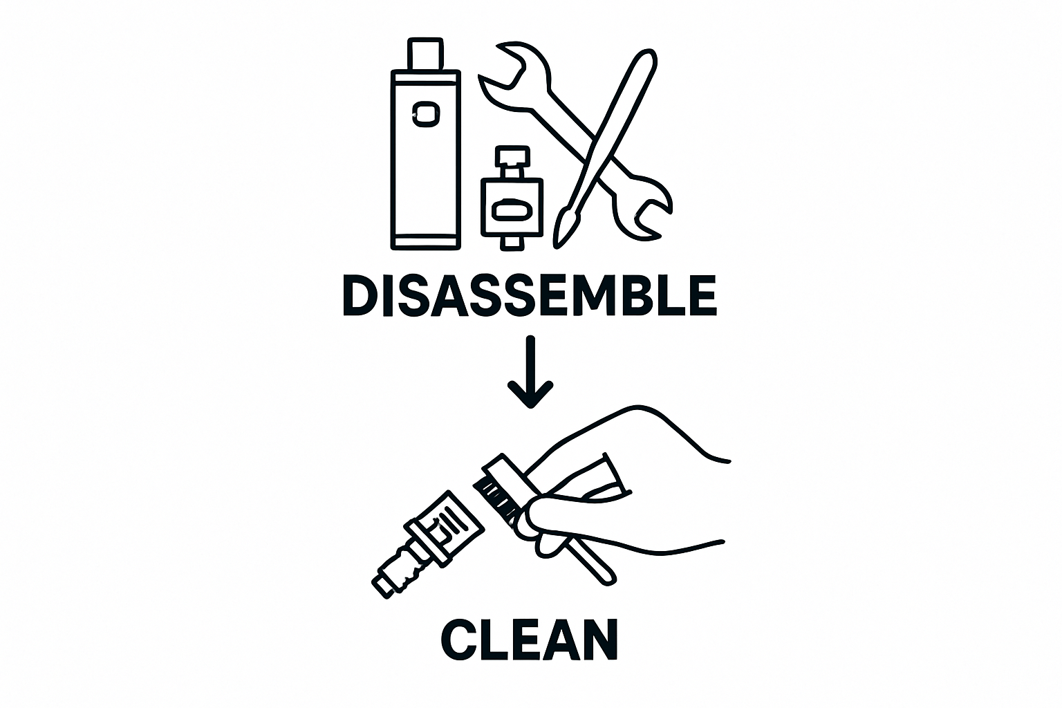 Simple infographic showing vape disassembly and cleaning steps