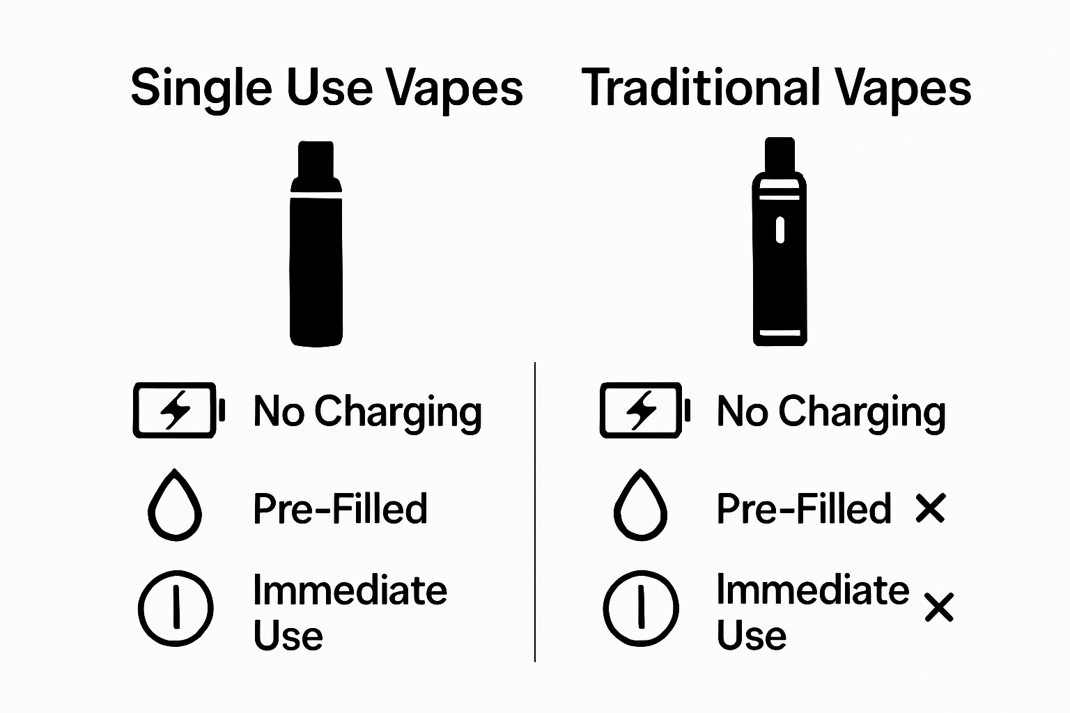 Infographic comparing single use vapes and traditional vapes on convenience features