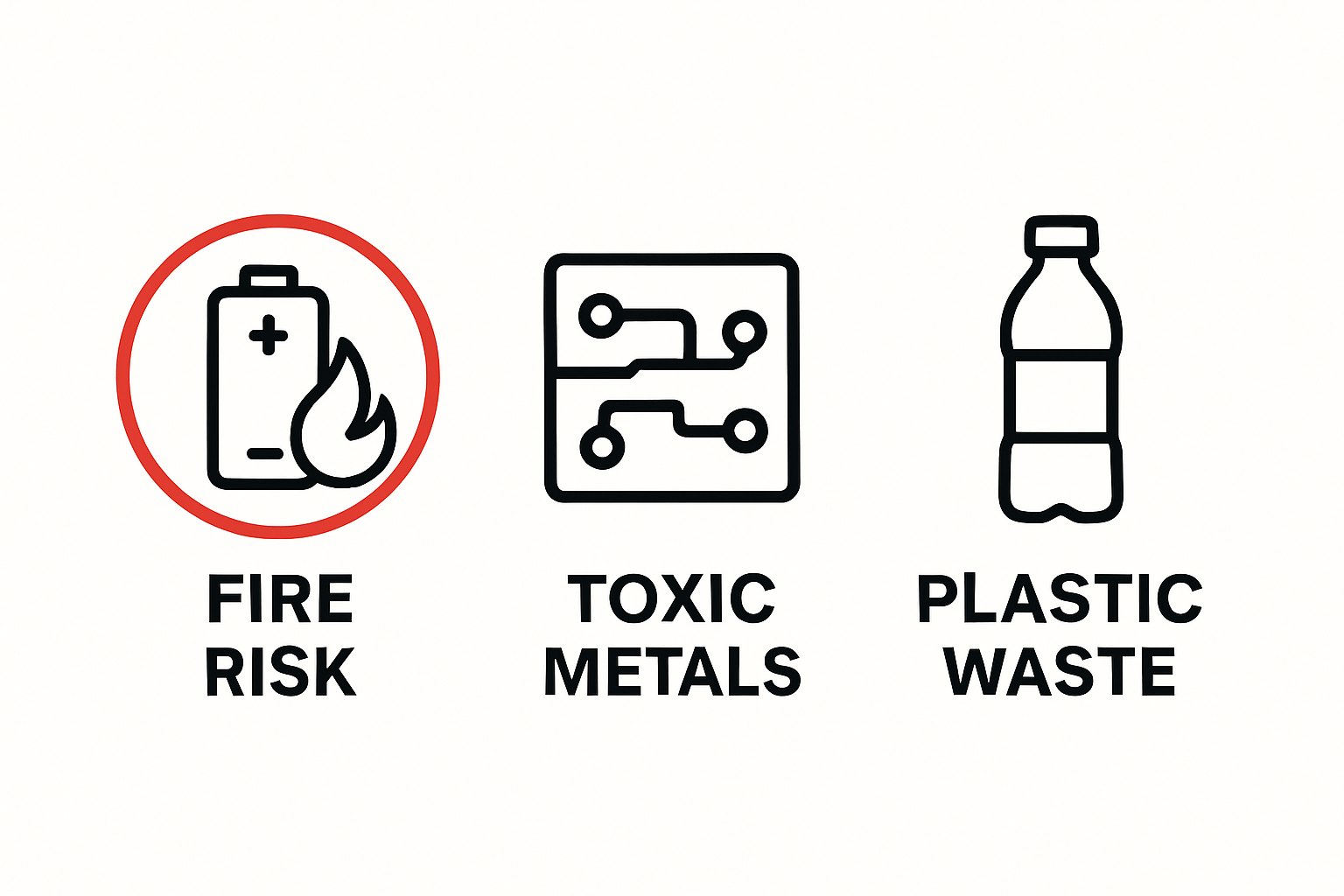 Infographic showing three main hazardous vape components: batteries, metals, plastics