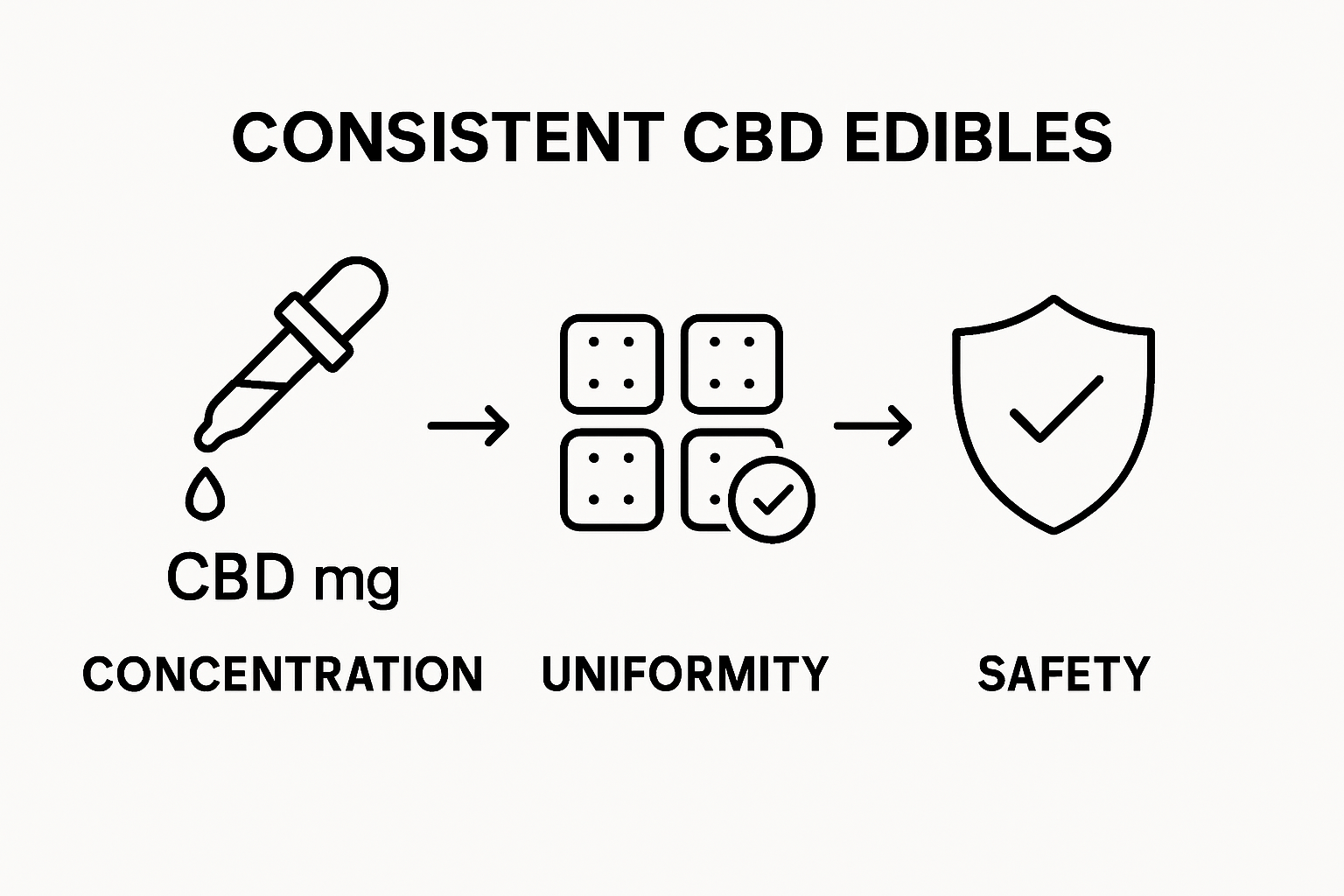 Infographic showing three key CBD gummy consistency factors: dosage, uniformity, safety