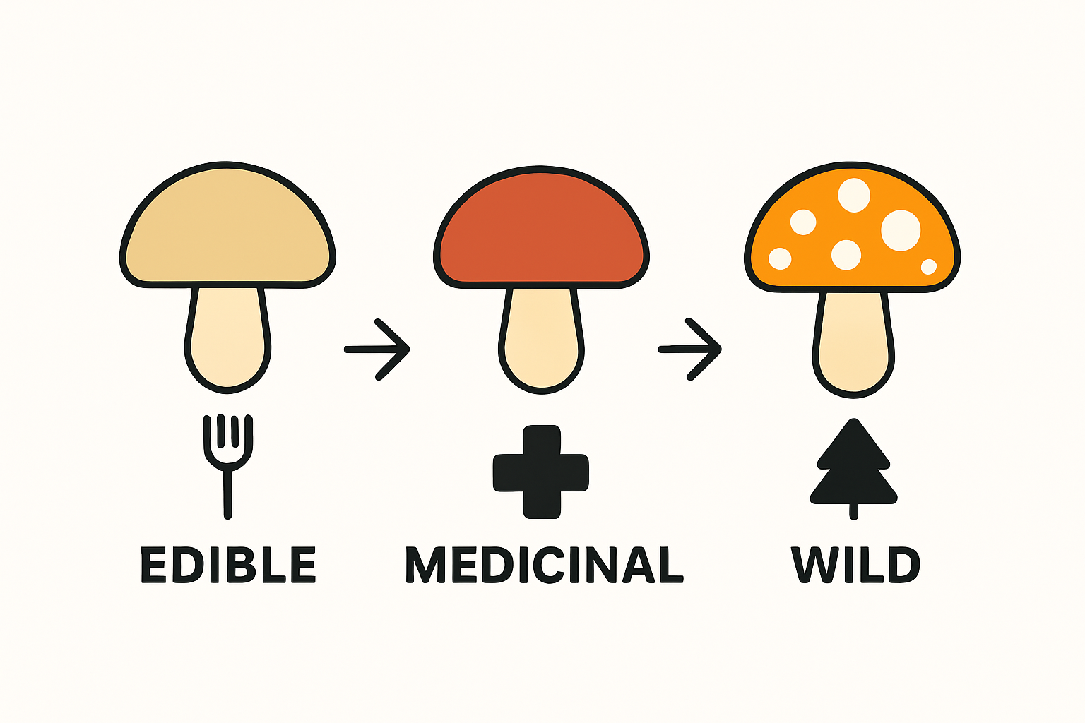 Simple infographic comparing edible, medicinal, and wild mushrooms