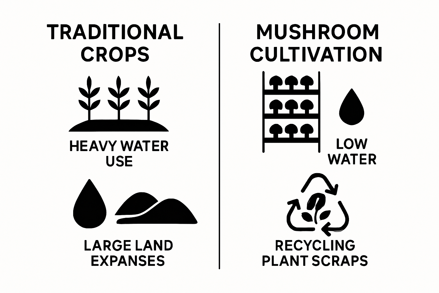 Infographic comparing traditional crop farming and mushroom cultivation efficiency