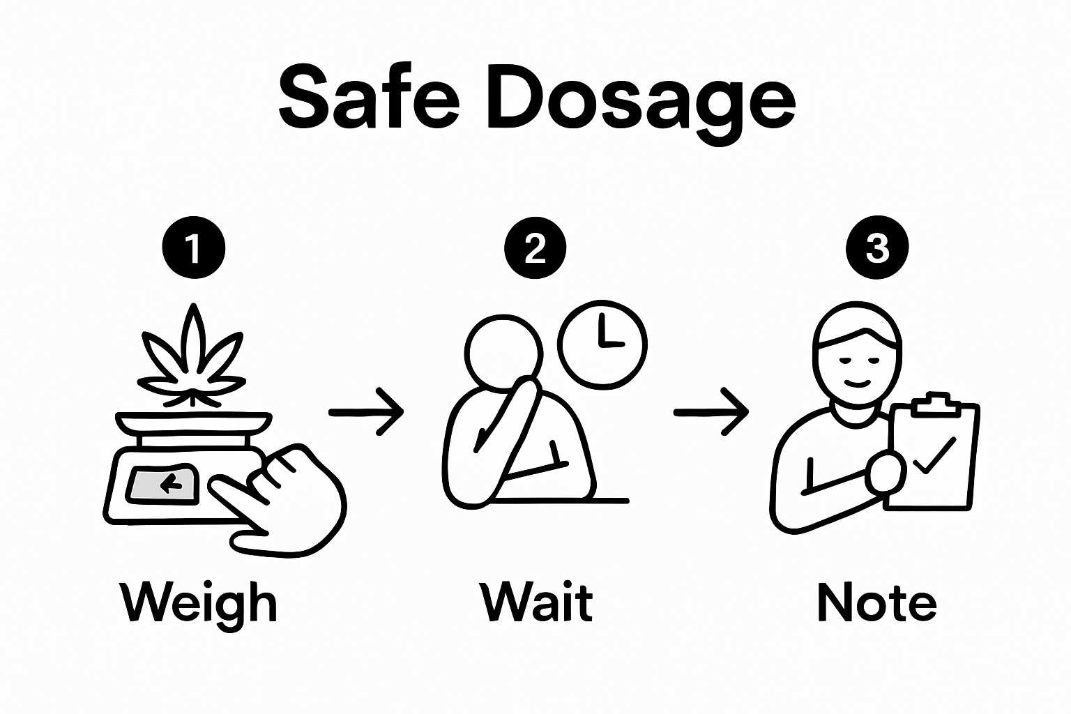 Simple cannabis dosage workflow with scale, clock, and journal icons in sequence