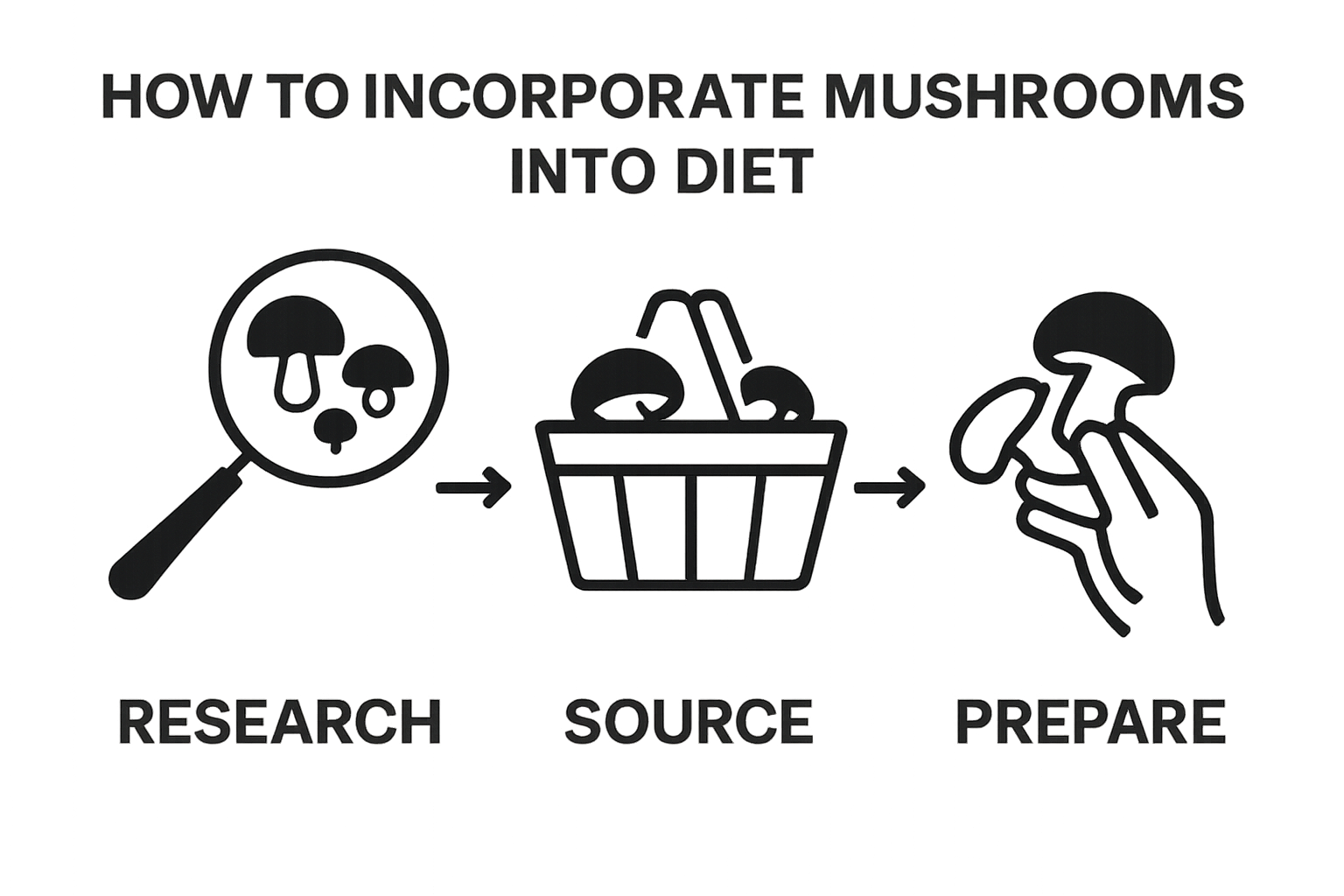 Simple infographic diagram showing three steps: research, source, prepare mushrooms