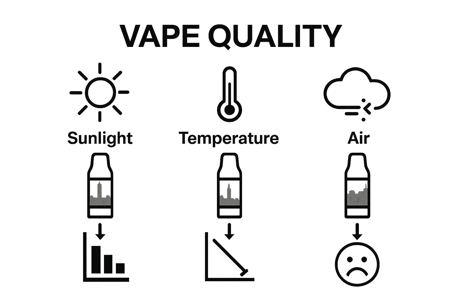 Infographic showing how sunlight, heat, and air reduce vape product quality
