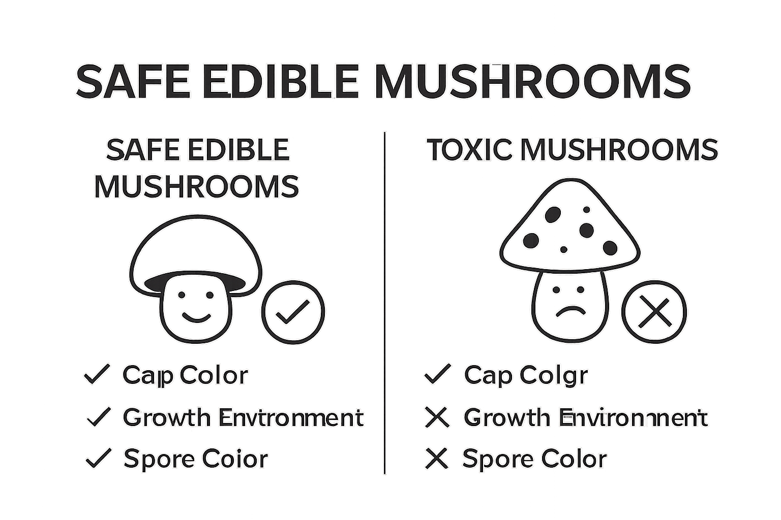 Infographic comparing safe vs. toxic mushrooms with icons
